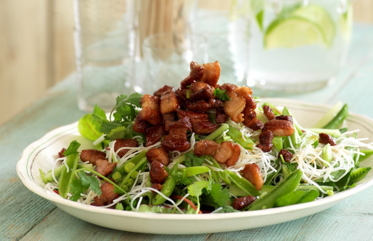 Pork and noodle salad on a white plate