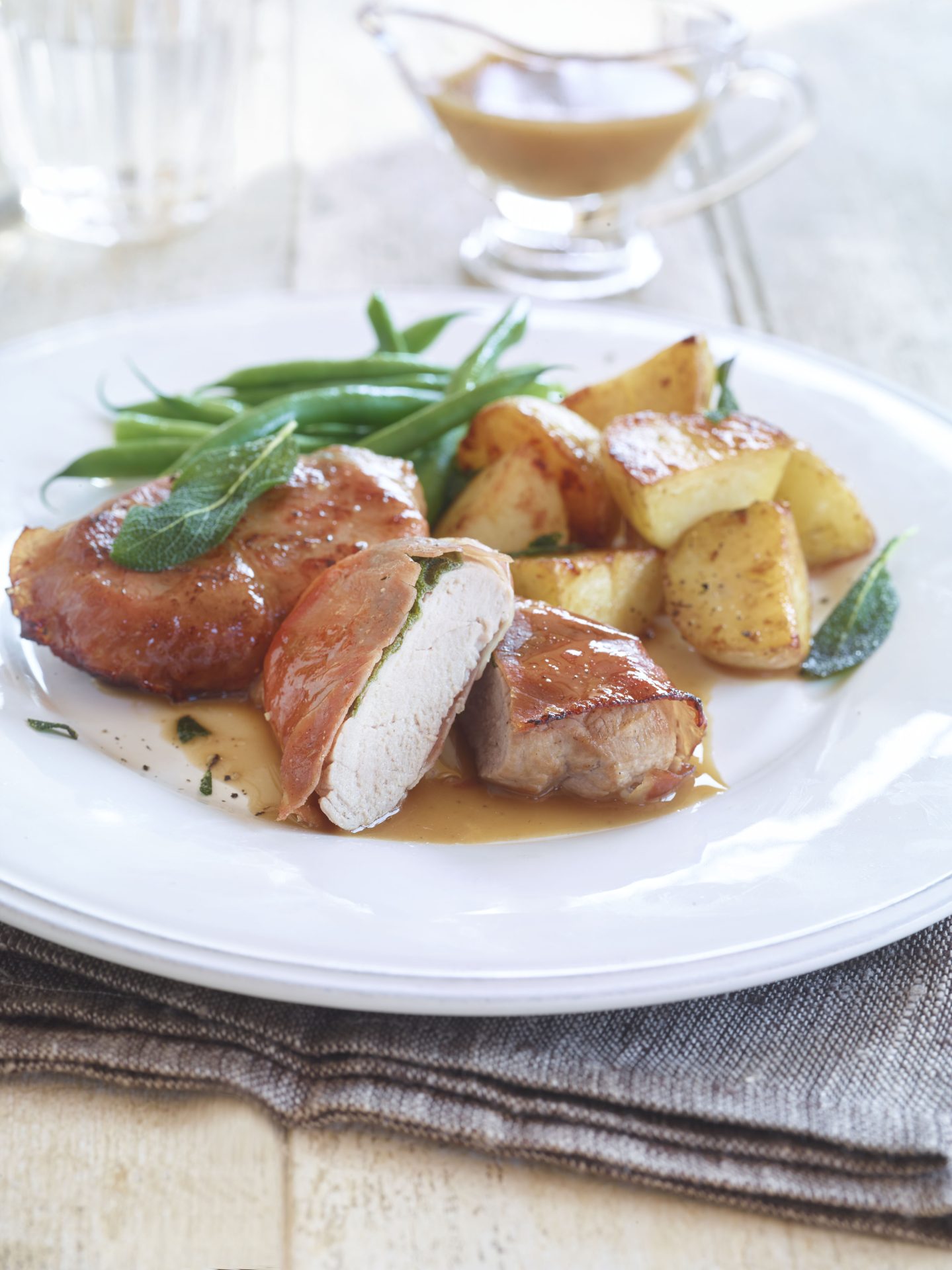 Pork fillet saltimbocca served with potatoes and vegetables, on a white plate