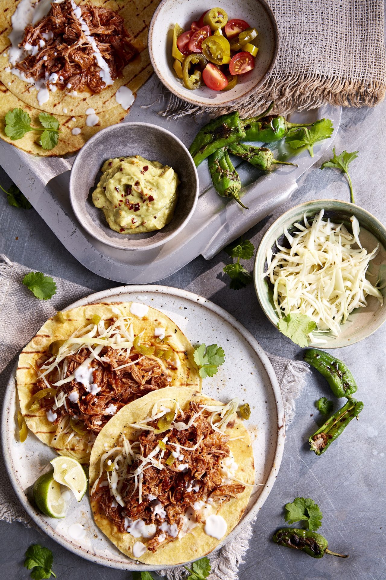 Two tortillas with mexican pulled pork on top, on a white plate. Cheese and guacamole on side.