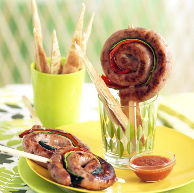 Spiralled sausages on a skewer