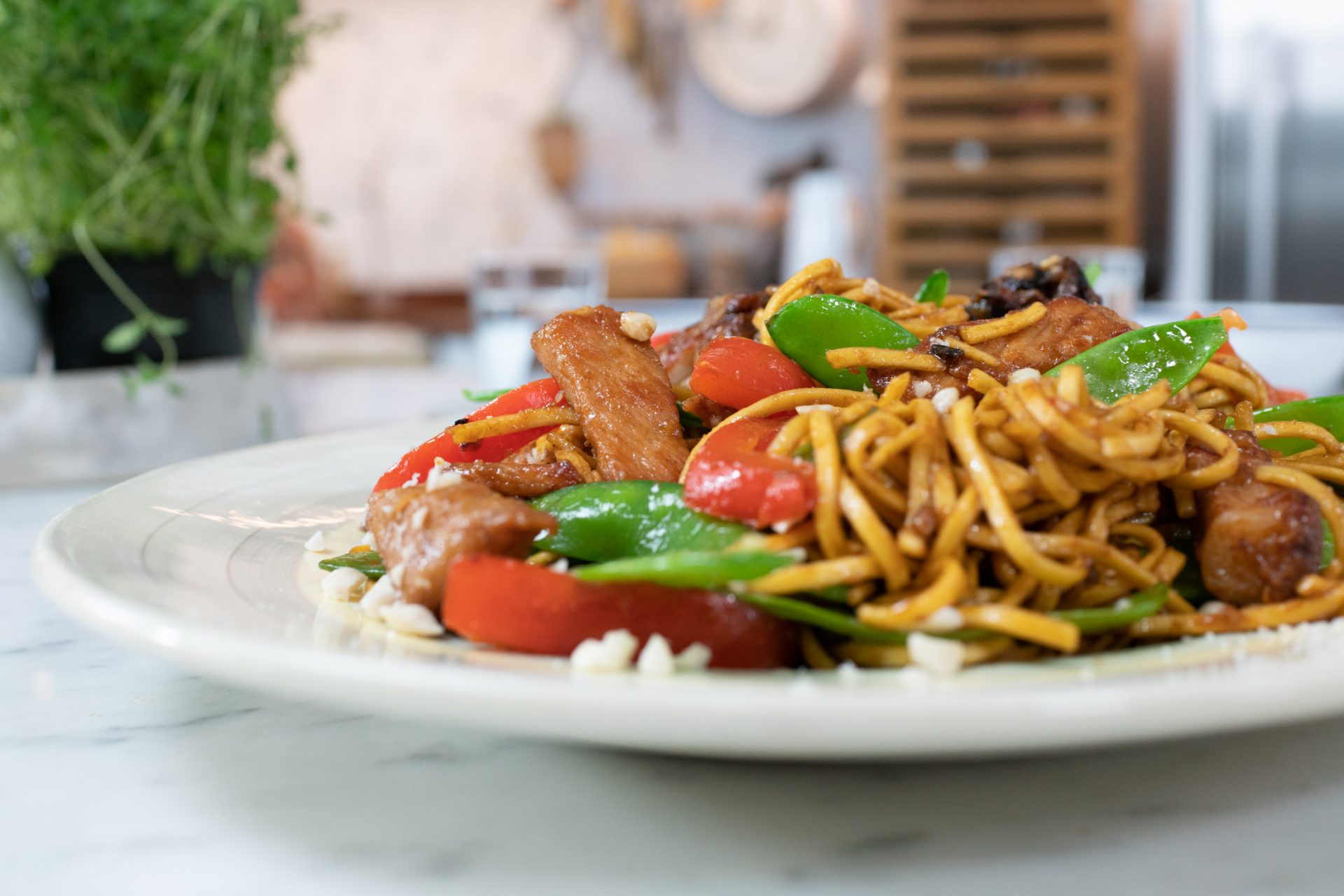 Speedy stir fry noodles on a white plate