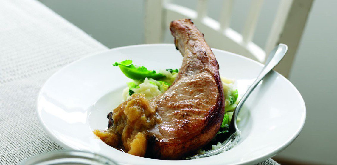 Pork chops with rhubarb, apple and ginger chutney