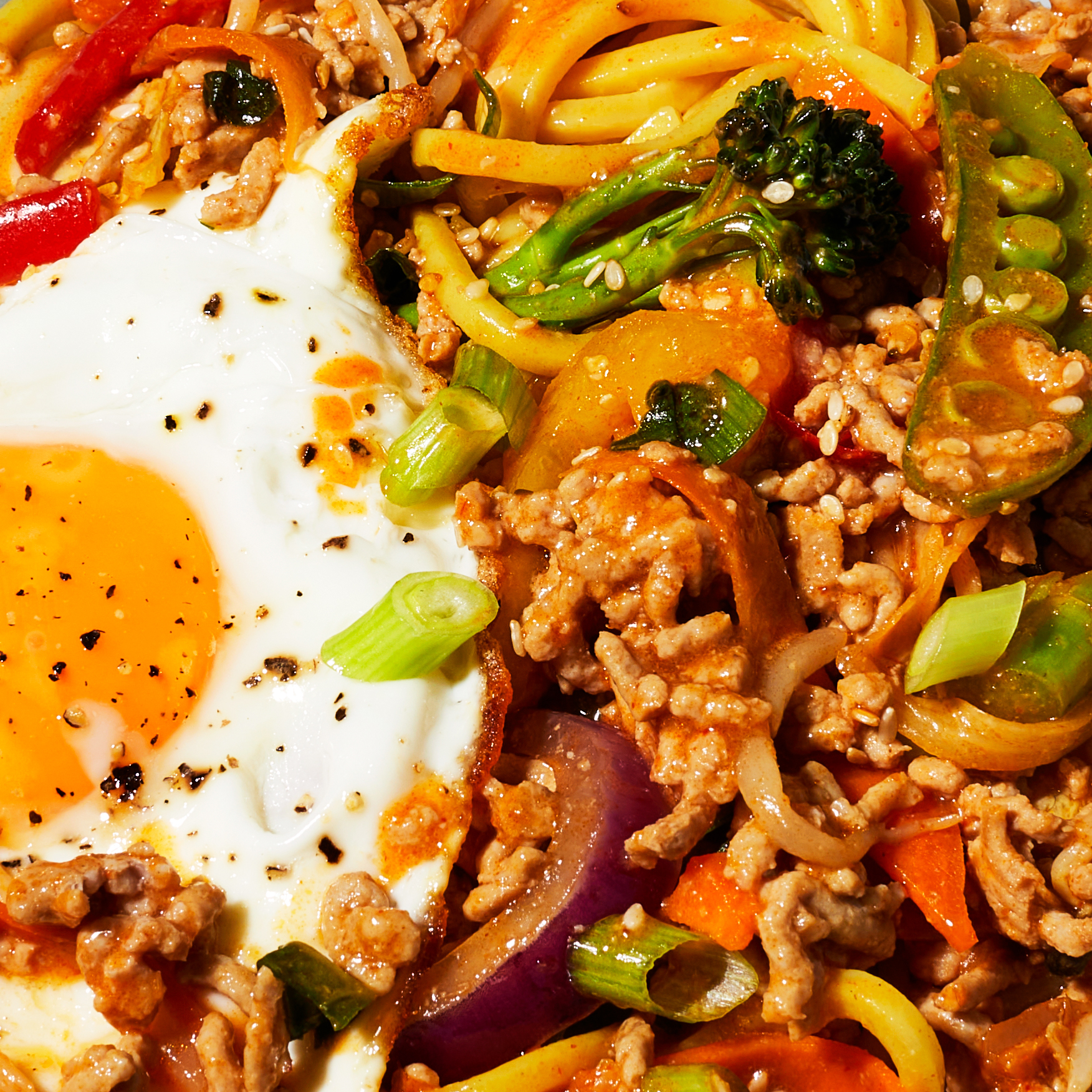 Up close of Korean Mince Bowl with fried egg