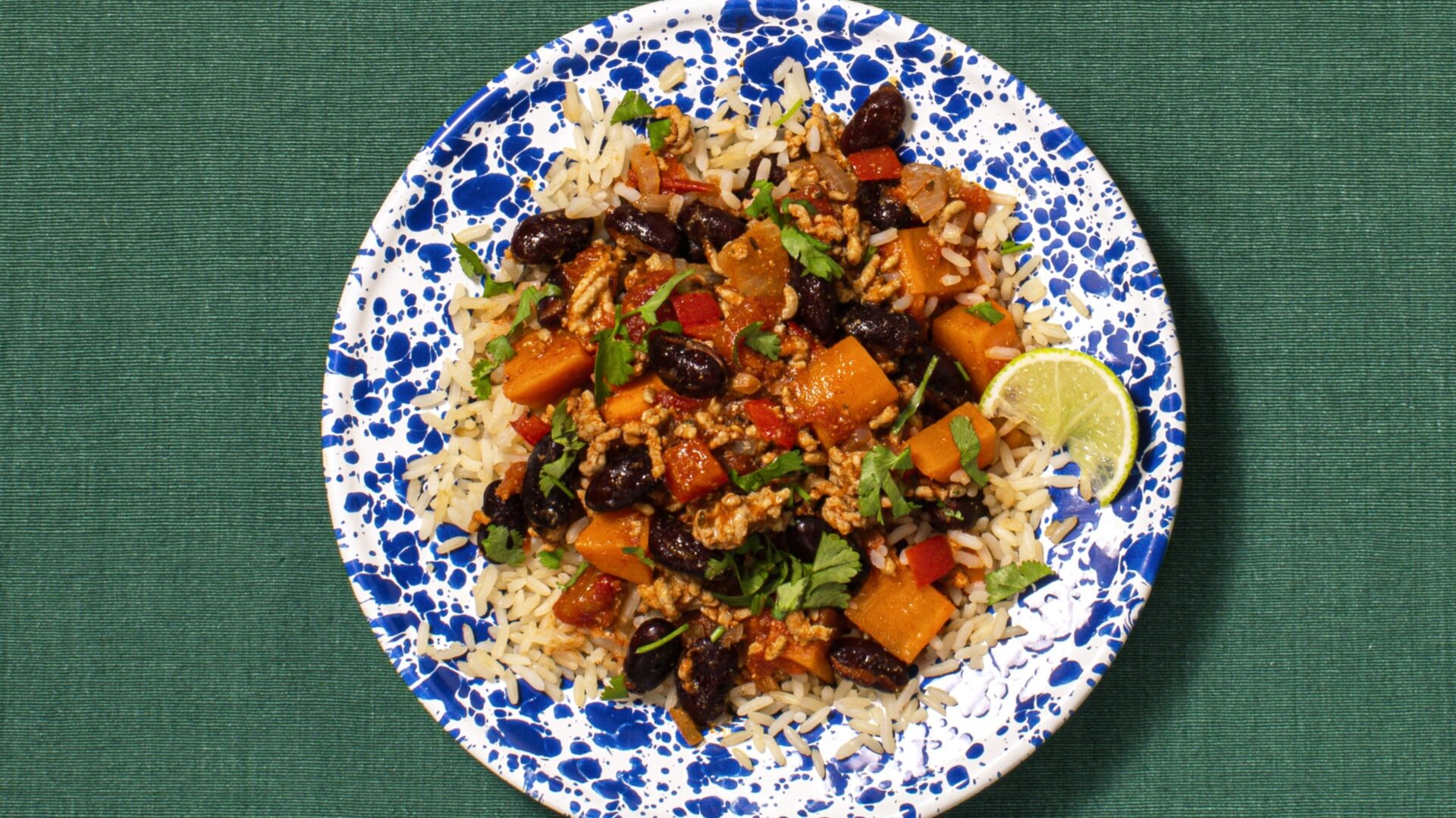 Pork Chilli Con Carne served on a patterned blue and white plate