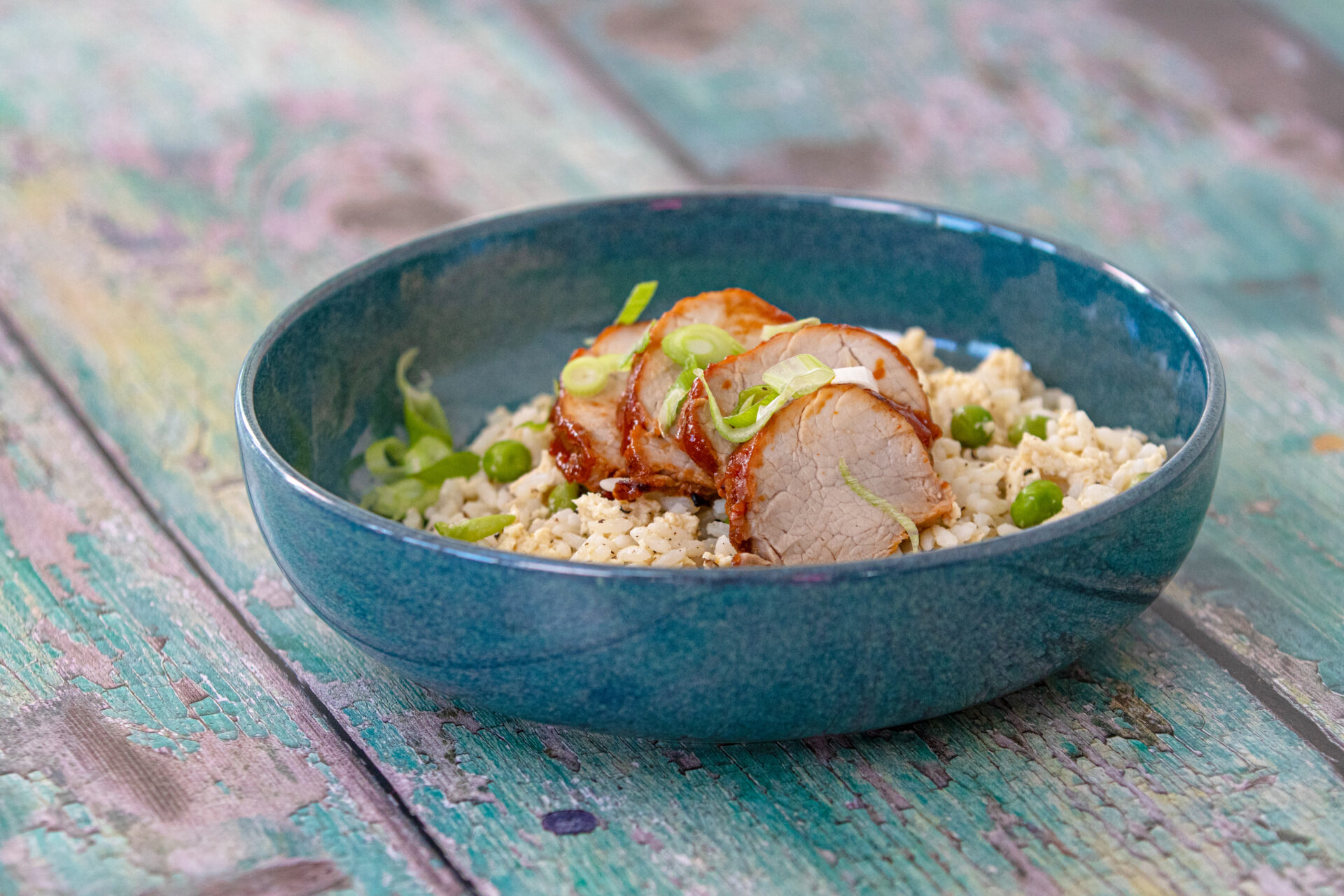 Sticky Gochujang Pork Fillet in a bowl of rice