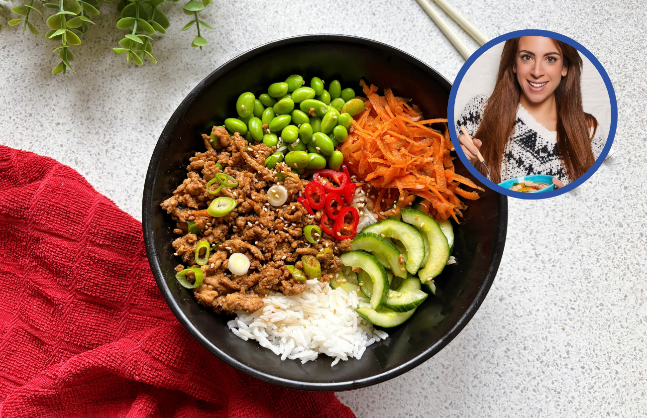 a sticky honey rice bowl on a worktop.